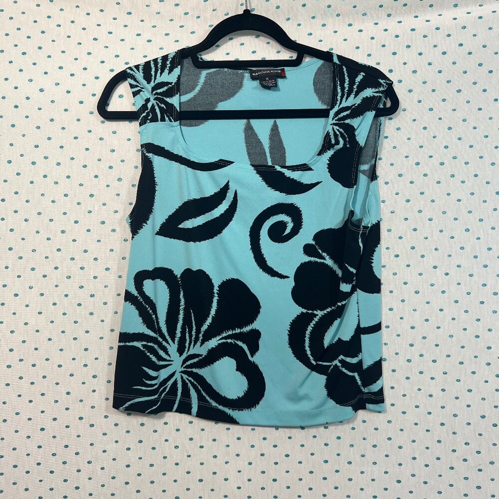 Sandra King Blue & Black Floral Sleeveless Blouse
